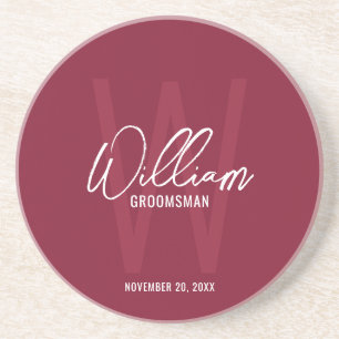 Burgundy Red Script Personalised Groomsman's Name Coaster