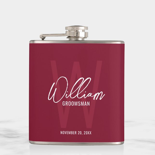 Burgundy Red Script Personalised Groomsman's Name Hip Flask (Creator Uploaded)