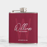 Burgundy Red Script Personalised Groomsman's Name Hip Flask<br><div class="desc">Modern Minimalist Personalised Monogram and Name Gifts This design features personalised groomsman's name in white modern handwriting script font style and monogram in light burgundy red modern sans serif font style as background, with wedding details in white modern sans serif font style, on burgundy red background. Also perfect for best...</div>