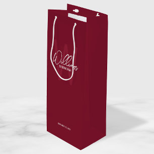 Burgundy Red Script Personalised Groomsman's Name Wine Gift Bag