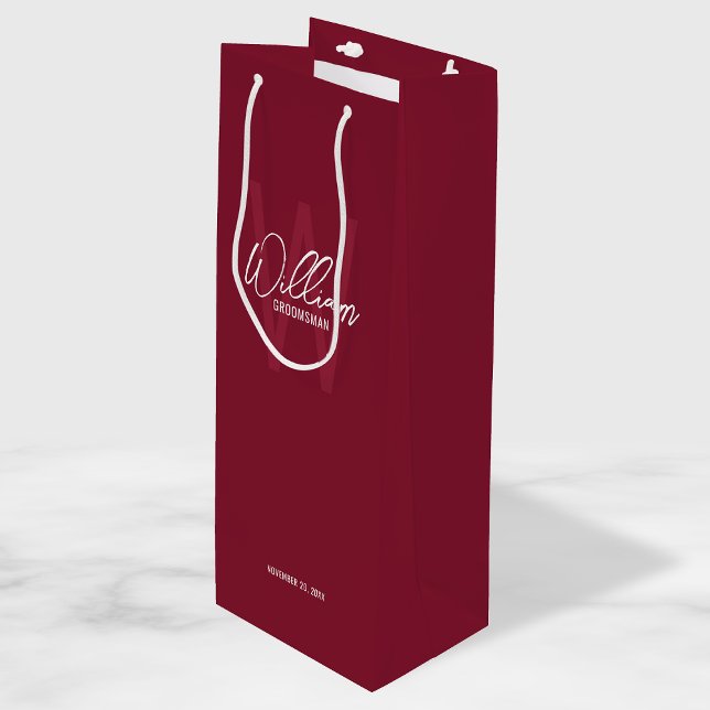 Burgundy Red Script Personalised Groomsman's Name Wine Gift Bag (Creator Uploaded)