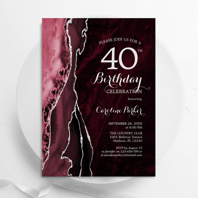 Burgundy Red Silver Agate 40th Birthday Invitation (Creator Uploaded)