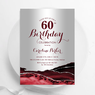 Burgundy Red Silver Agate 60th Birthday Party Invitation