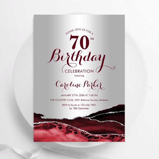 Burgundy Red Silver Agate 70th Birthday Party Invitation (Creator Uploaded)
