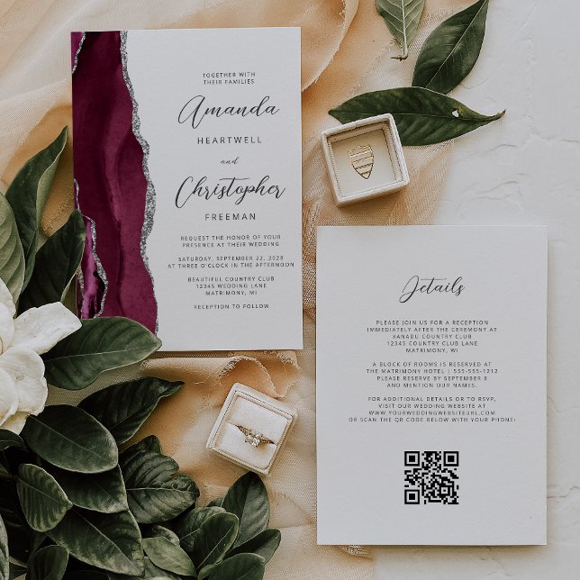 Burgundy Red Silver Agate QR Code Wedding Invitation (Creator Uploaded)