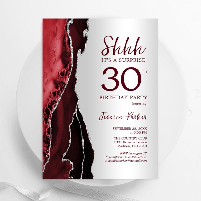 Burgundy Red Silver Agate Surprise 30th Birthday Invitation (Creator Uploaded)
