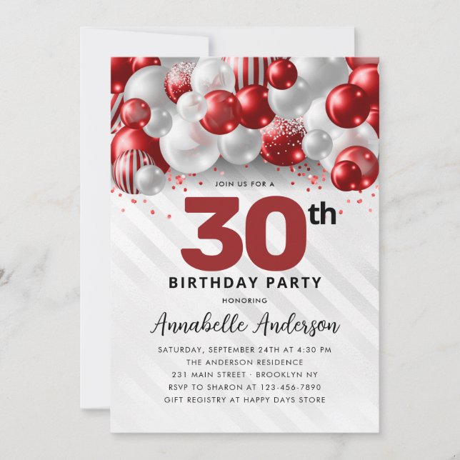 Burgundy Red Silver Balloon Glitter 30th Birthday Invitation (Front)