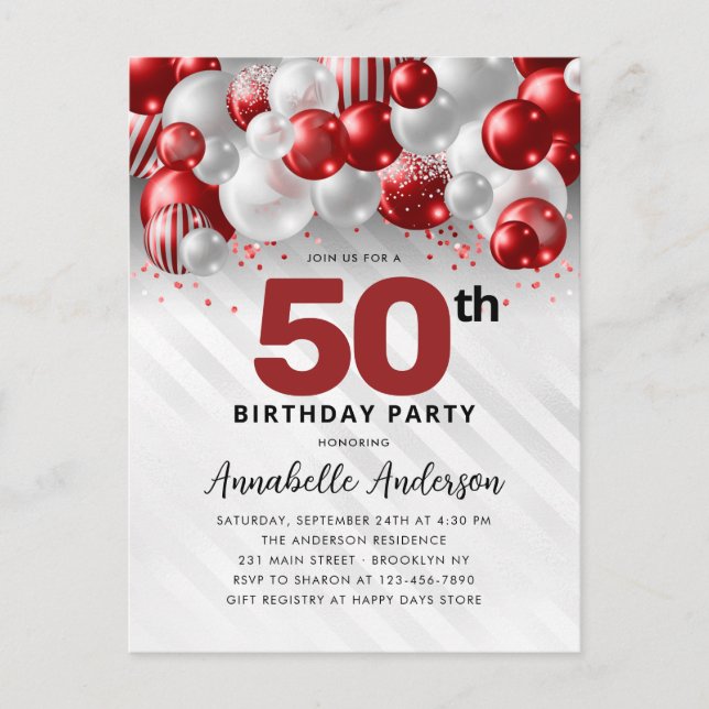 Burgundy Red Silver Balloon Glitter 50th Birthday  Postcard (Front)