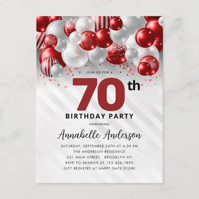 Burgundy Red Silver Balloon Glitter 70th Birthday  Postcard (Front)