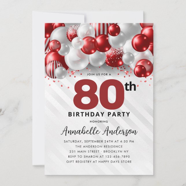 Burgundy Red Silver Balloon Glitter 80th Birthday Invitation (Front)