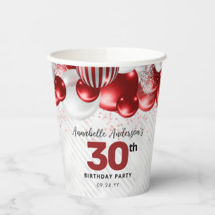 Burgundy Red Silver Balloon Glitter Favour Birthda Paper Cups