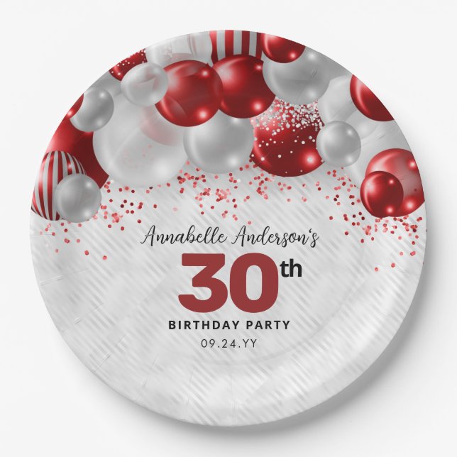 Burgundy Red Silver Balloon Glitter Favour Birthda Paper Plate (Front)