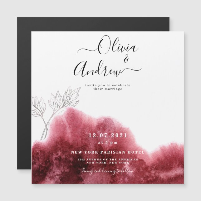 Burgundy Red Silver Botanical Watercolor Wedding Magnetic Invitation (Front/Back)