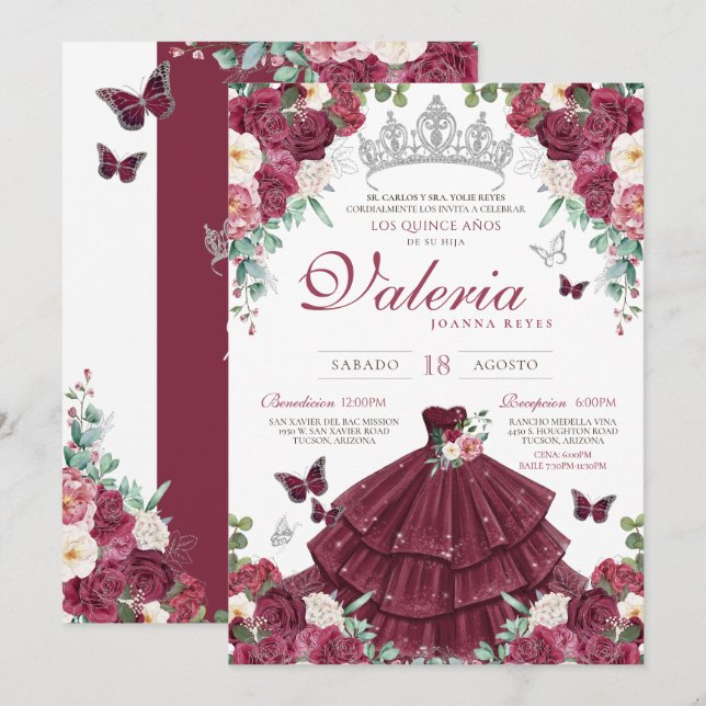 Burgundy Red & Silver Butterfly Floral Quinceañera Invitation (Front/Back)