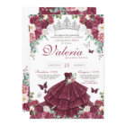Burgundy Red & Silver Butterfly Floral Quinceañera