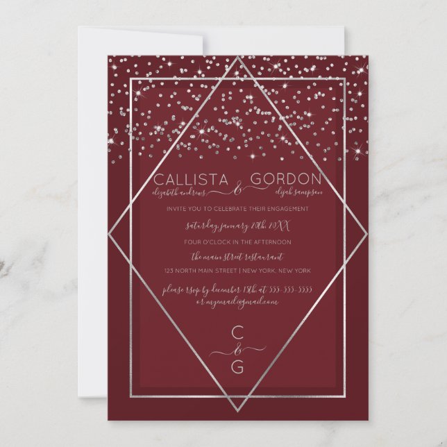 Burgundy Red Silver Confetti Border Engagement Invitation (Front)