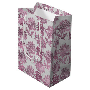 Burgundy Red Silver Floral Bridal Shower Medium Gift Bag