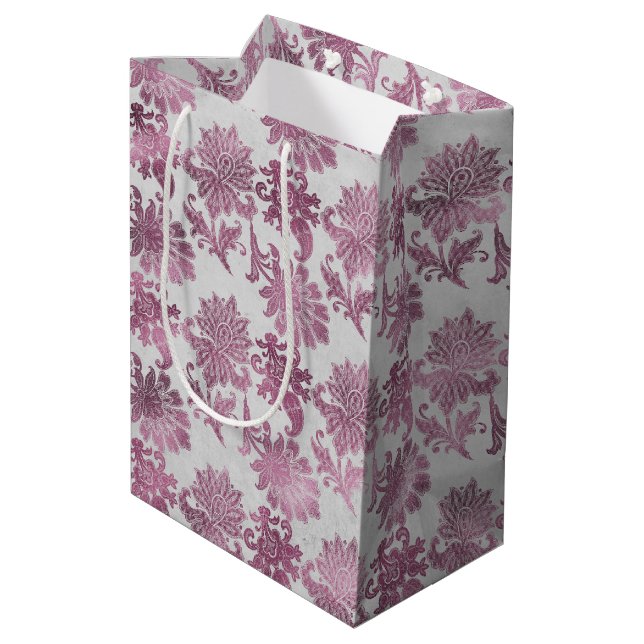 Burgundy Red Silver Floral Bridal Shower Medium Gift Bag (Back Angled)