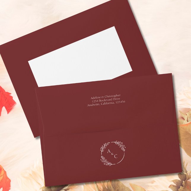 Burgundy Red Simple Monogram Leaves Wedding Envelope (Creator Uploaded)
