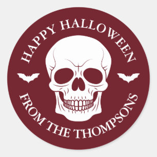 Burgundy Red Skull And Bats With Text Halloween Classic Round Sticker