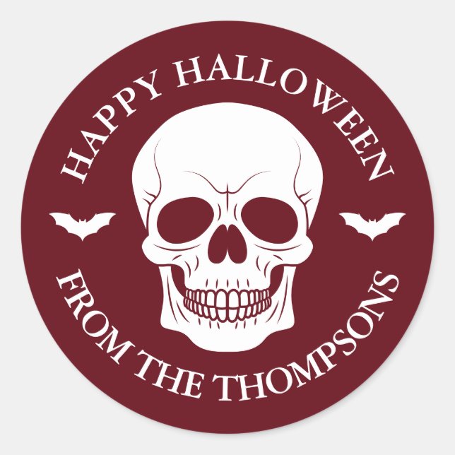 Burgundy Red Skull And Bats With Text Halloween Classic Round Sticker (Front)