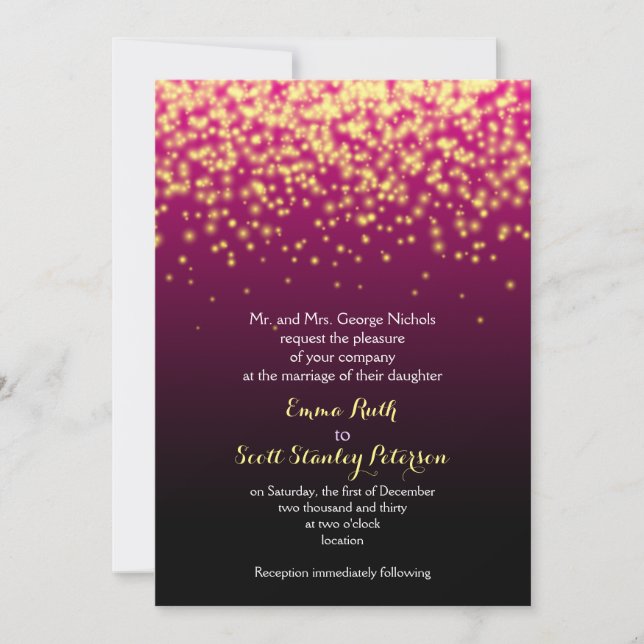 Burgundy red sparkling lights in the sky wedding invitation (Front)