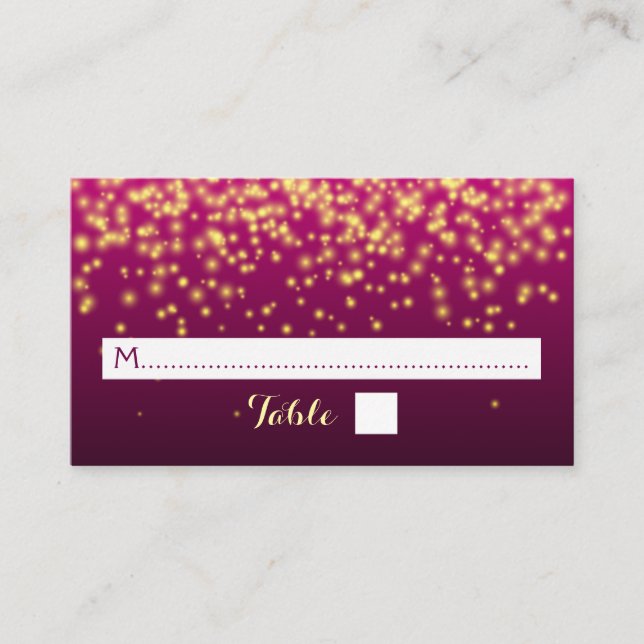 Burgundy red sparkling lights wedding place card (Front)