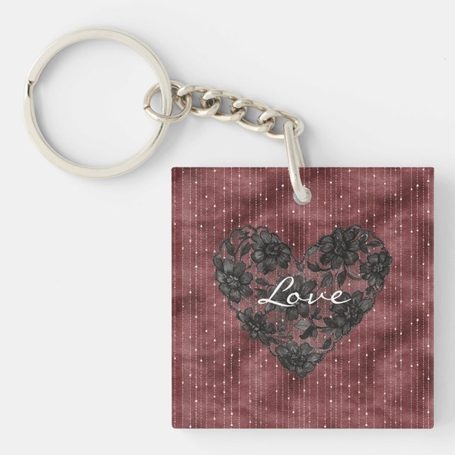 Burgundy Red Stripes Black Faux Lace Floral Heart Key Ring (Front)