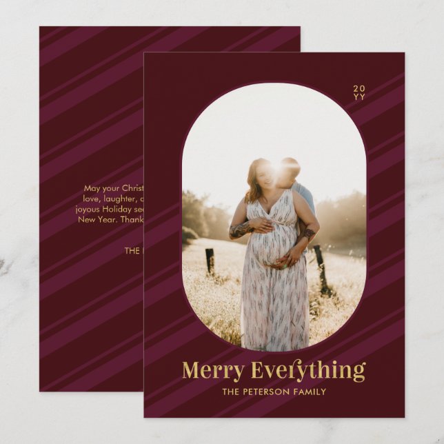 Burgundy Red Stripes Merry Christmas Photo Holiday (Front/Back)
