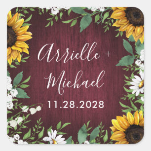 Burgundy Red Sunflower Greenery Wedding Favours Square Sticker