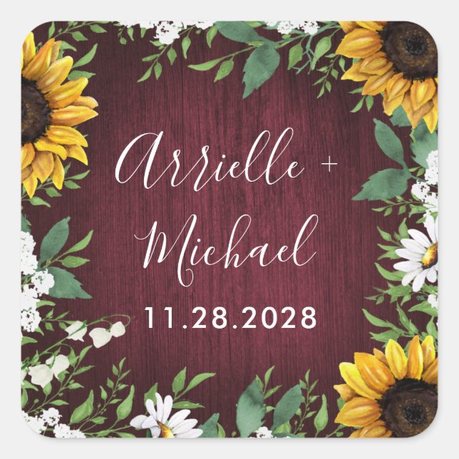 Burgundy Red Sunflower Greenery Wedding Favours Square Sticker (Front)