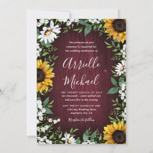 Burgundy Red Sunflower Greenery Wreath Wedding Invitation