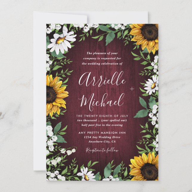 Burgundy Red Sunflower Greenery Wreath Wedding Invitation (Front)