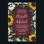 Burgundy Red Sunflower Greenery Wreath Wedding Invitation<br><div class="desc">Template design features a burgundy red barn wood background decorated with a watercolor wreath of daisies,  sunflowers,  greenery,  eucalyptus,  baby's breath,  and lily of the valley.  This botanical design features a matching garden wreath on the back. View the collection on this page to find coordinating items.</div>