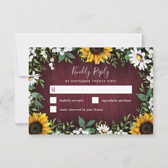Burgundy Red Sunflower Greenery Wreath Wedding RSVP Card (Front)