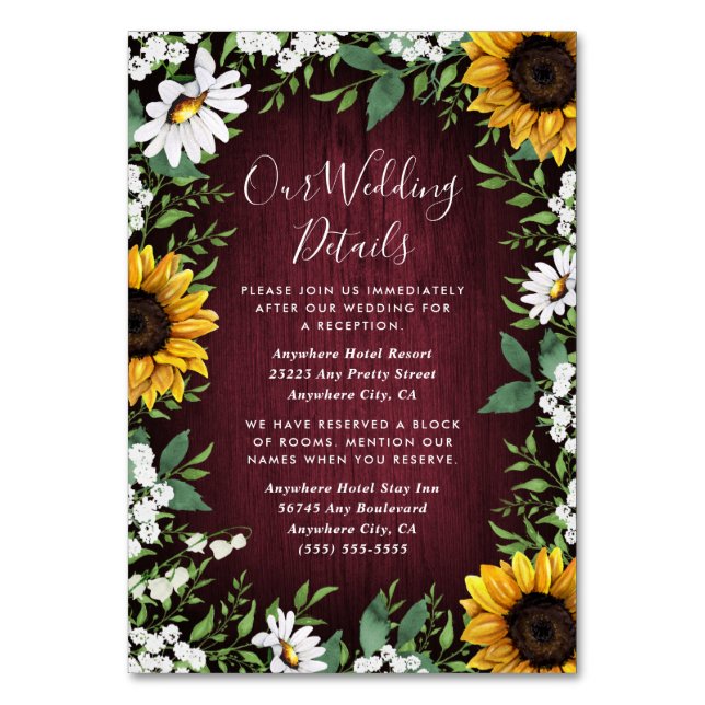 Burgundy Red Sunflower Wedding Enclosure Cards (Front)