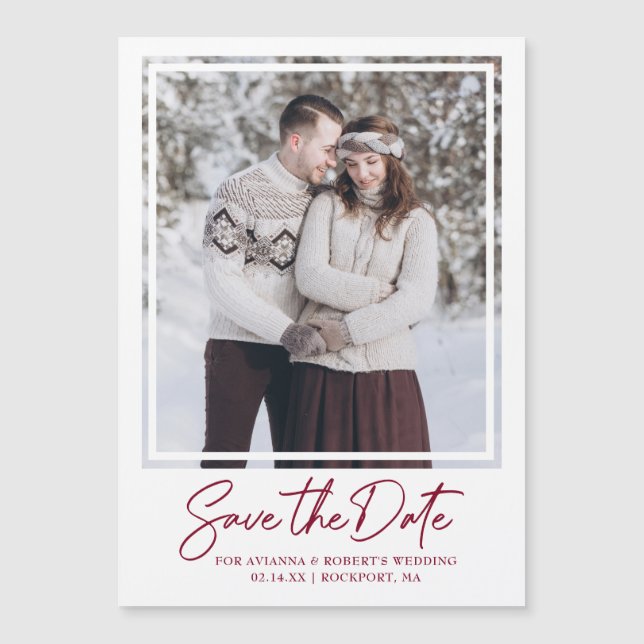 Burgundy Red Text and Photo Save the Date Magnetic Invitation (Front)