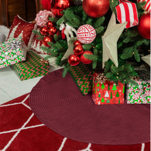 Burgundy Red Thin Concentric Circles Faux Linen Tree Skirt