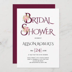 Burgundy red typography, pink roses bridal shower invitation
