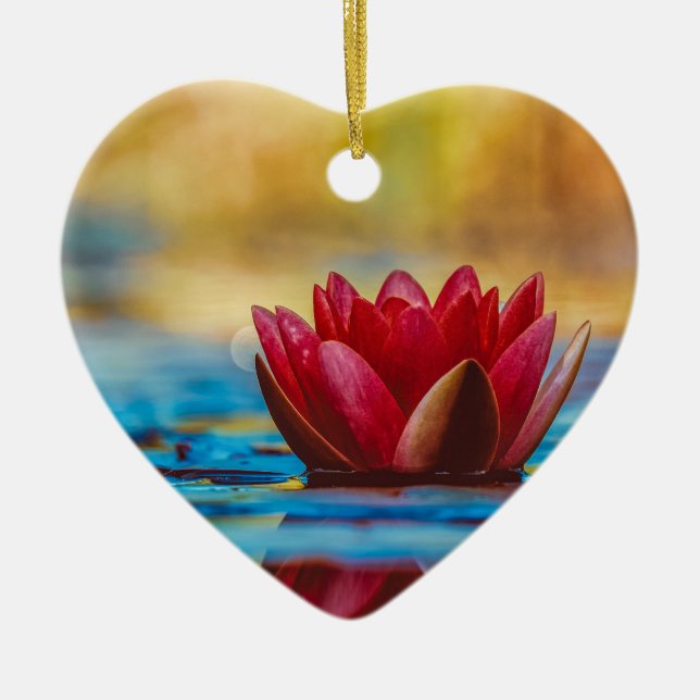 Burgundy Red  Water Lily Ceramic Tree Decoration (Front)