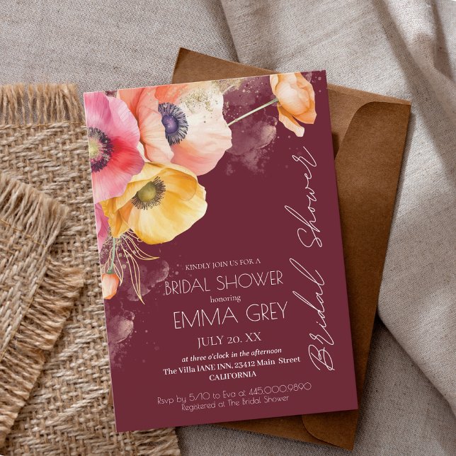 Burgundy & Red Watercolor Floral Bridal Shower Invitation (Creator Uploaded)