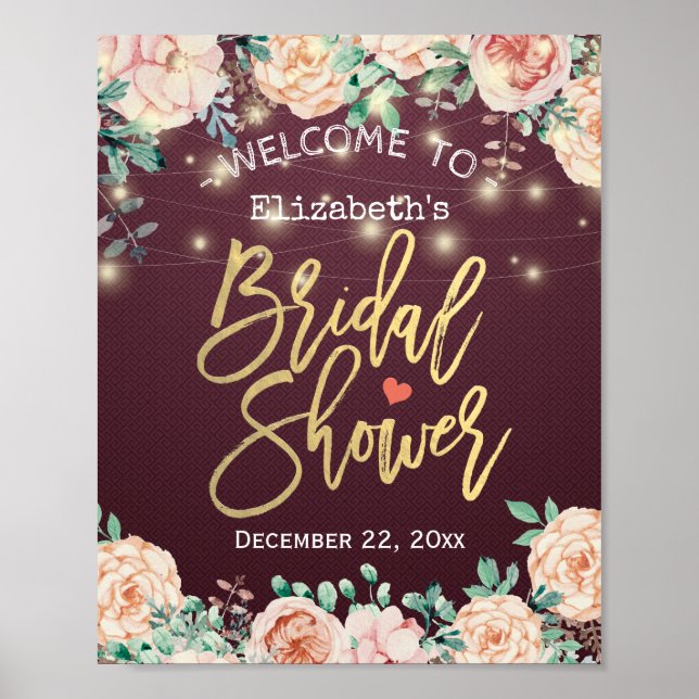 Burgundy Red Watercolor Floral Bridal Shower Sign (Front)