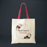 Burgundy Red watercolor Floral Bridesmaid gift Tote Bag<br><div class="desc">Romantic Watercolor Burgundy Red Navy Floral Geometric Rustic Boho Wedding / bridal shower bridesmaid gift tote bag. Perfect for a fall / midsummer wedding. The design features a stunning bouquet of burgundy / Marsala , peach , navy flowers with matching leaves. Please find more matching designs and variations in my...</div>