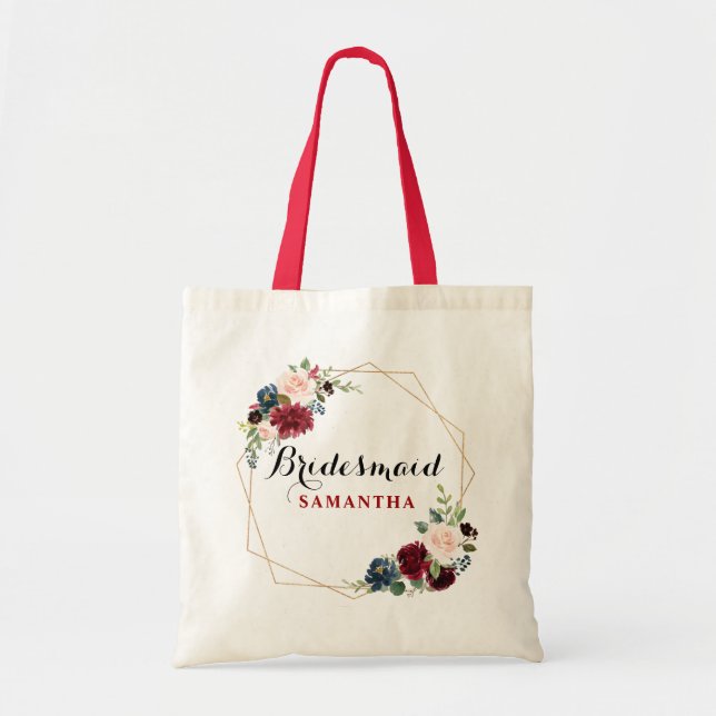 Burgundy Red watercolor Floral Bridesmaid gift Tote Bag (Front)