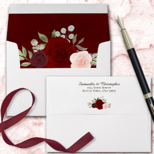 Burgundy & Red Watercolor Floral Elegant Wedding Envelope