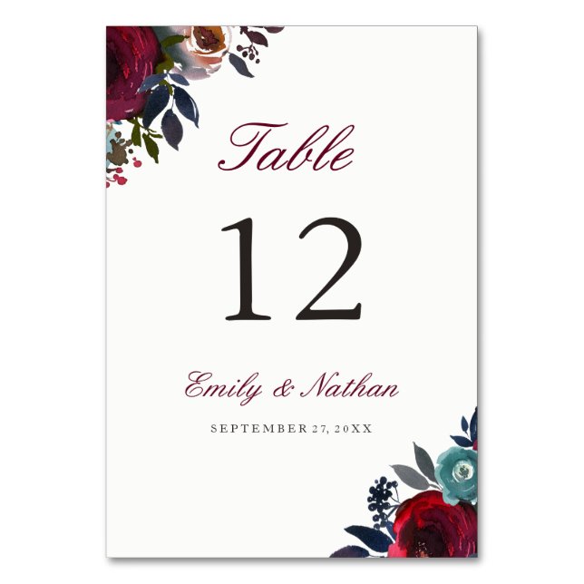 Burgundy Red Watercolor Floral Table Number Cards (Front)