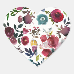 Burgundy Red Watercolor Floral Wedding Heart Seal