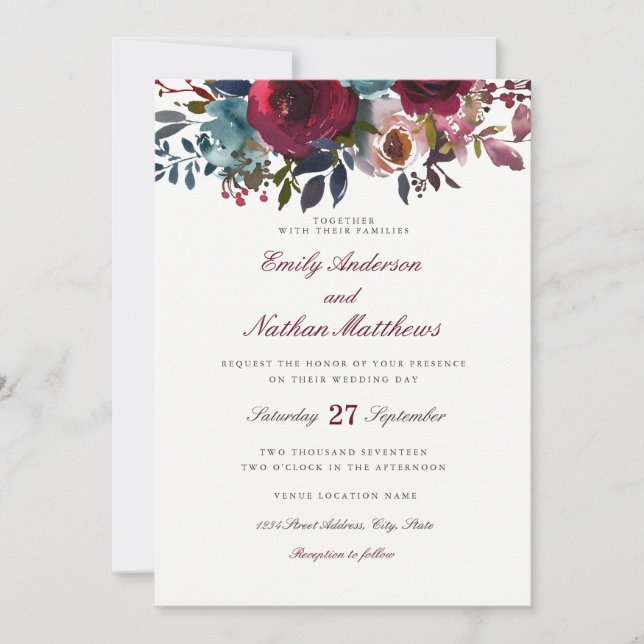Burgundy Red Watercolor Floral Wedding Invitation (Front)