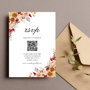 Burgundy Red Watercolor Floral Wedding QR Code RSVP Card