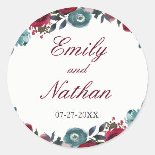 Burgundy Red Watercolor Floral Wedding Sticker